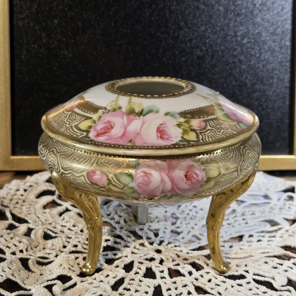 Hair Receiver Nippon Noritake Hand Painted Victorian 3 Leg Pink Roses Gold Gilt